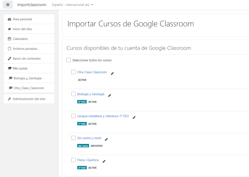 Importar cursos de classroom a Moodle