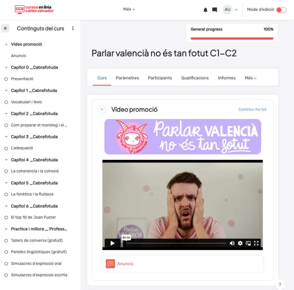 Pantallazo de la plataforma Goodle LMS usada por ACPV