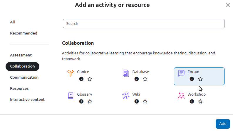 Nuevo selector de actividades de Moodle 5.1 con pestañas por propósito.