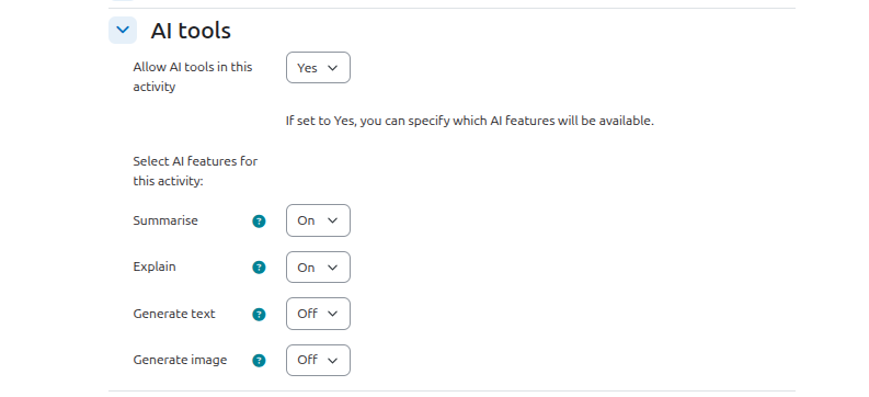 Opciones de control de inteligencia artificial en Moodle 5.1.
